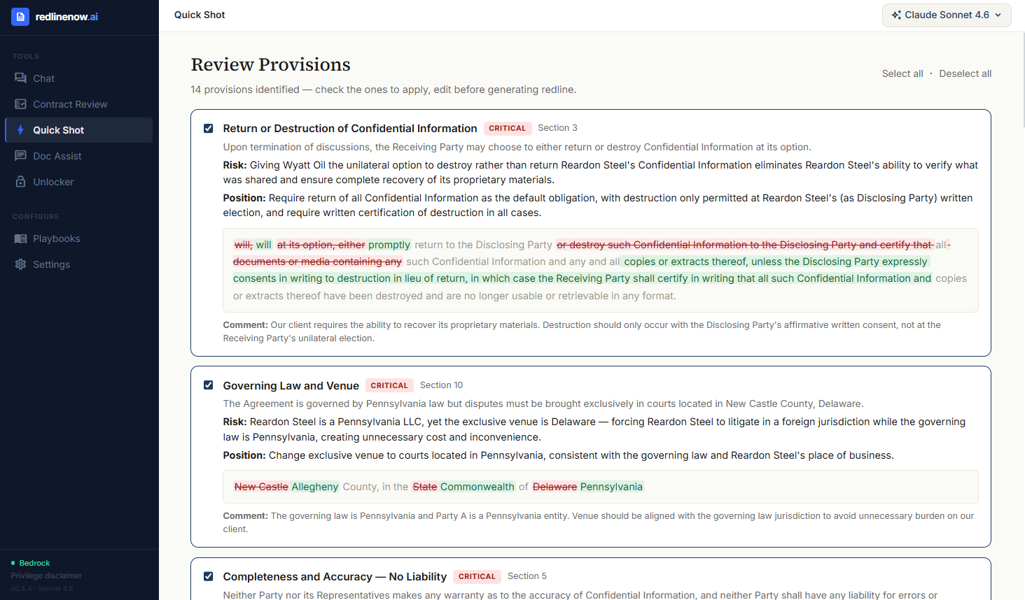 redlinenow.ai Quick Shot — prioritized provision cards with live redline diffs for Return or Destruction of Confidential Information, Governing Law and Venue, and Completeness and Accuracy, running on AWS Bedrock